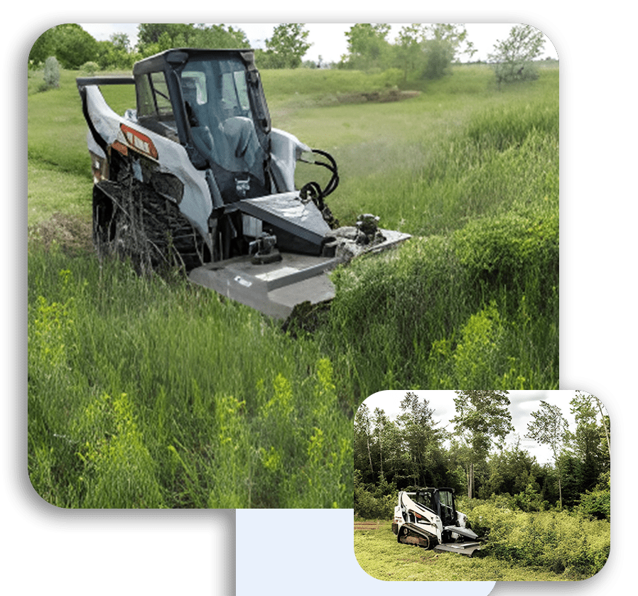 A picture of a tractor and a grass cutter.