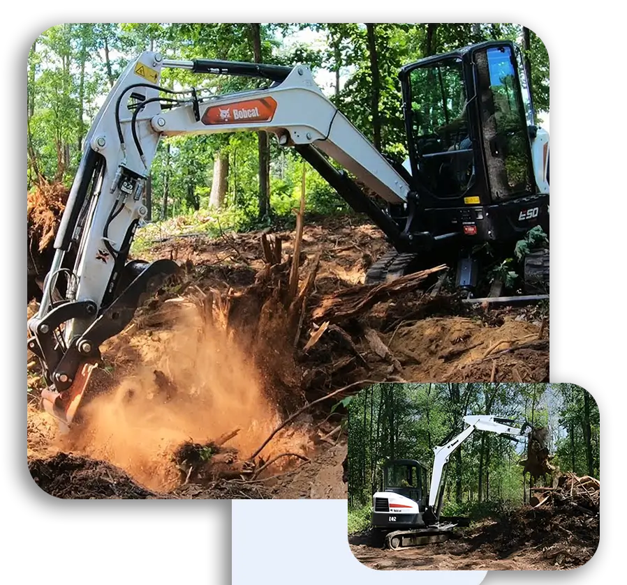 A white and black tractor is digging in the ground